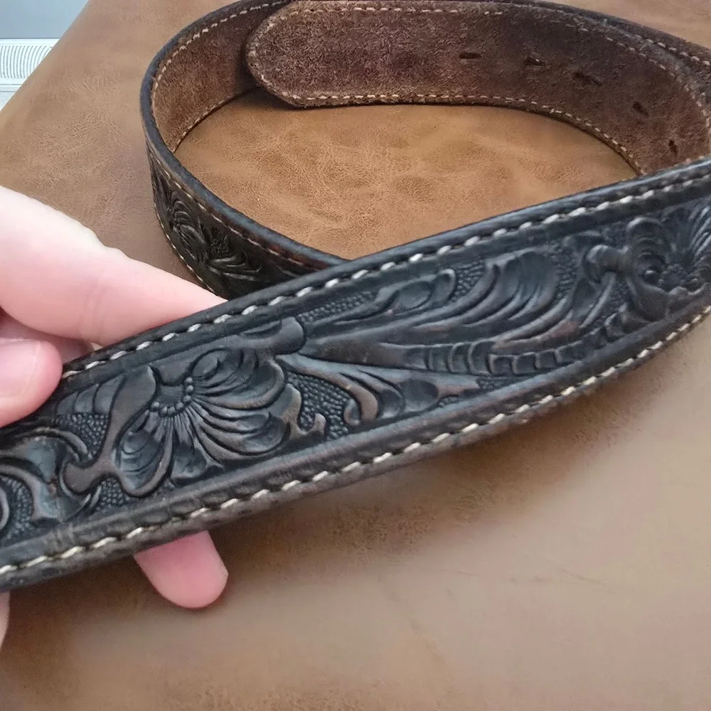 Tony Lama Mens Black Tooled Leather Western Belt Floral Cowboy Size 36